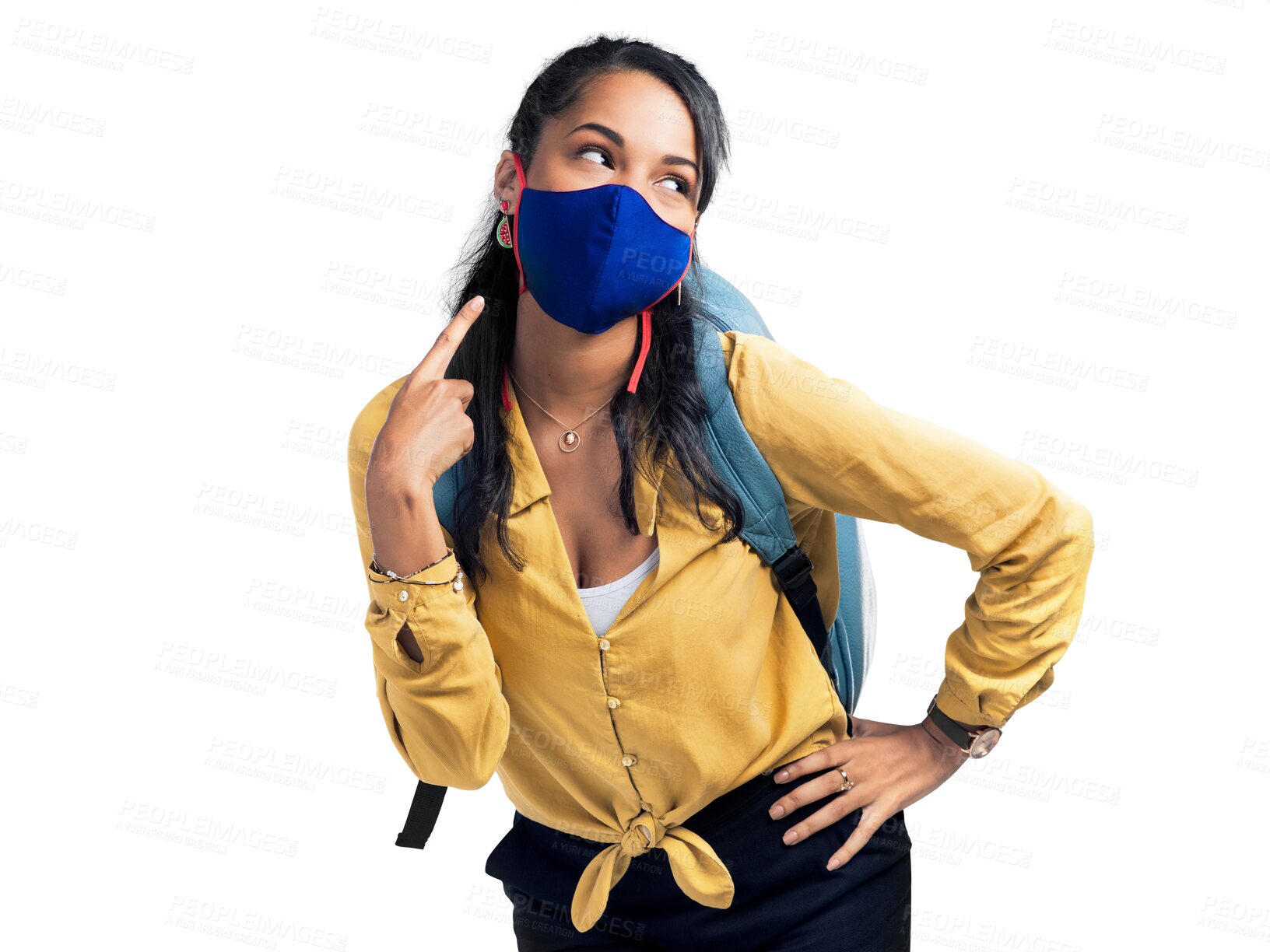 Buy stock photo Travel, pointing to a mask and woman with safety, regulations or tourist isolated against a transparent background. Female person, traveler or model with hand gesture, face cover and journey with png