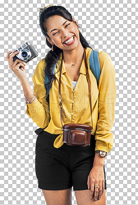 Buy stock photo Photography, portrait or happy girl with camera on holiday, vacation or weekend trip with confidence. Travel, smile or excited girl photographer on adventure isolated on transparent png background