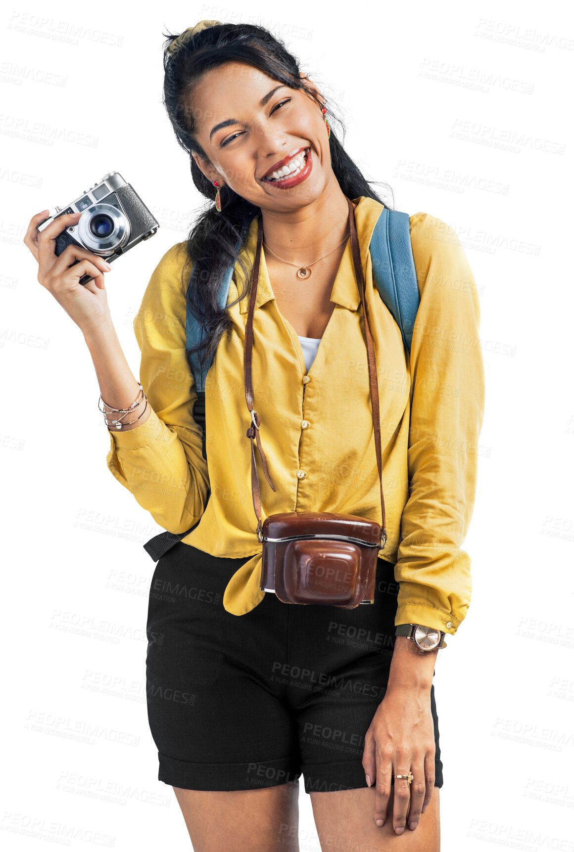 Buy stock photo Photography, portrait or happy girl with camera on holiday, vacation or weekend trip with confidence. Travel, smile or excited girl photographer on adventure isolated on transparent png background