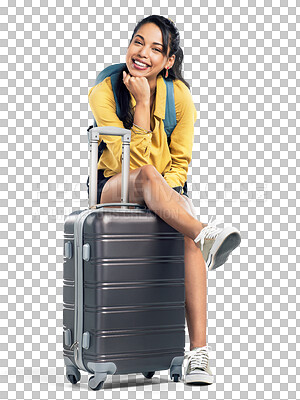 Buy stock photo Travel, portrait or happy girl with luggage for holiday, vacation or weekend trip break with bag. Suitcase, woman or excited tourist ready for tourism adventure isolated on transparent png background