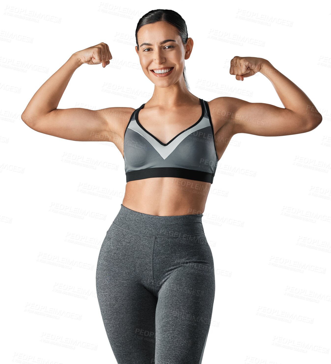 Buy stock photo Happy woman, portrait smile and flexing in fitness standing isolated on a transparent PNG background. Fit, active and sporty female person with arm power for healthy exercise, strong body or muscle