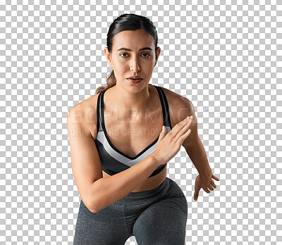 Buy stock photo Woman, portrait and fitness in running exercise or cardio workout isolated on a transparent PNG background. Fit, active and serious female person, athlete or runner in training or sports motivation