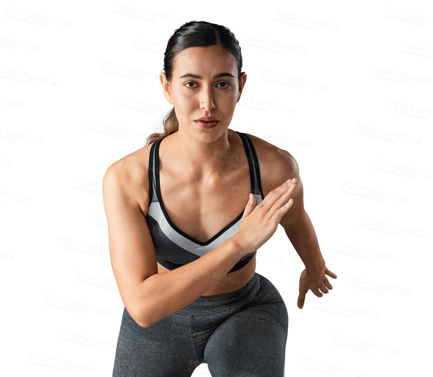 Buy stock photo Woman, portrait and fitness in running exercise or cardio workout isolated on a transparent PNG background. Fit, active and serious female person, athlete or runner in training or sports motivation