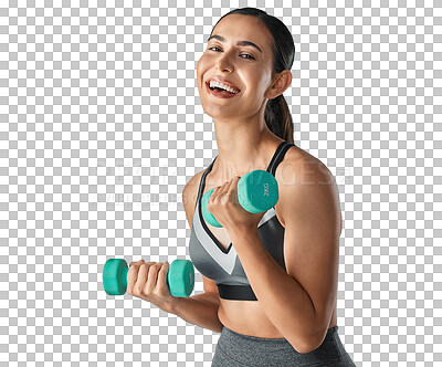 Buy stock photo Laughing, dumbbells or portrait of happy woman training, exercise or workout for strong arms or muscles. Fitness, face or sports girl athlete lifting weights isolated on transparent png background