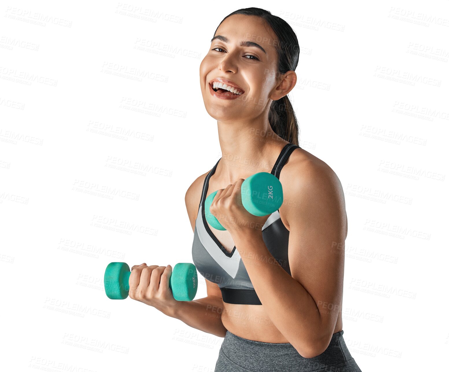 Buy stock photo Laughing, dumbbells or portrait of happy woman training, exercise or workout for strong arms or muscles. Fitness, face or sports girl athlete lifting weights isolated on transparent png background