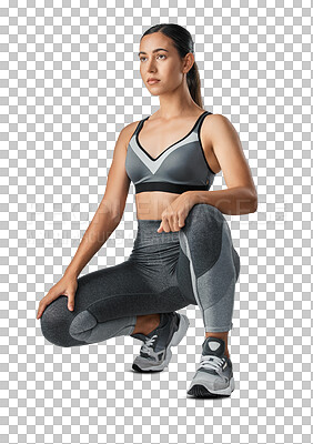 Buy stock photo Fitness, thinking and woman with focus for exercise on isolated, png and transparent background. Sports clothes, wellness and serious female athlete kneeling for workout, training and healthy body