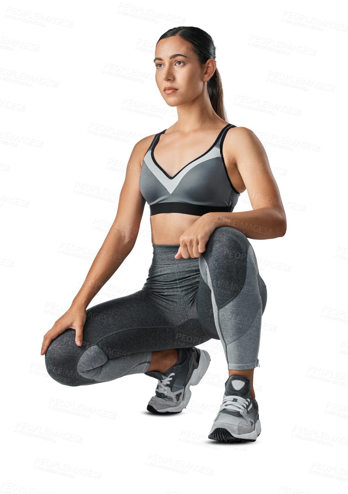 Buy stock photo Fitness, thinking and woman with focus for exercise on isolated, png and transparent background. Sports clothes, wellness and serious female athlete kneeling for workout, training and healthy body