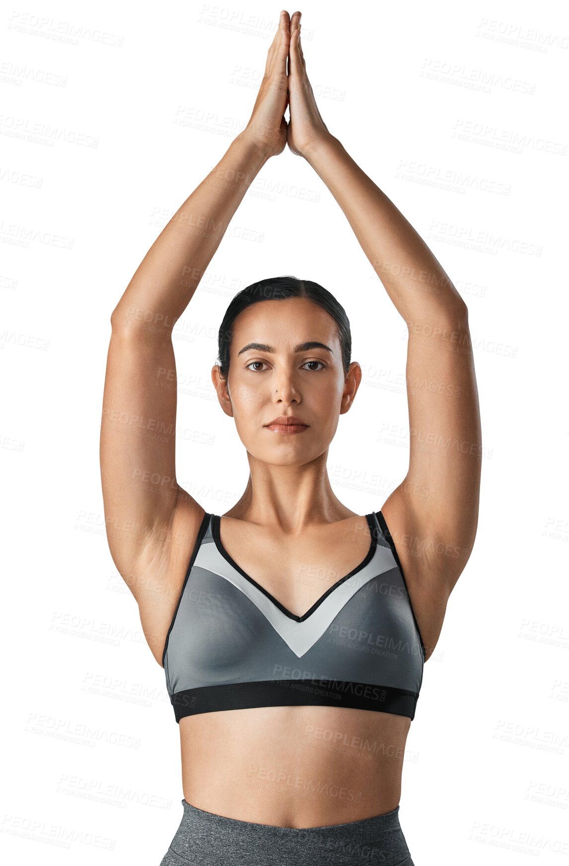Buy stock photo Woman, portrait and fitness in yoga for zen posing isolated on a transparent PNG background. Calm female person or yogi in relax for spiritual wellness, exercise or namaste pose for healthy body