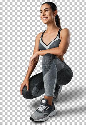 Buy stock photo Fitness, happy and woman for workout thinking on isolated, png and transparent background. Sports clothes, wellness and female athlete with smile kneeling for exercise, training and healthy body