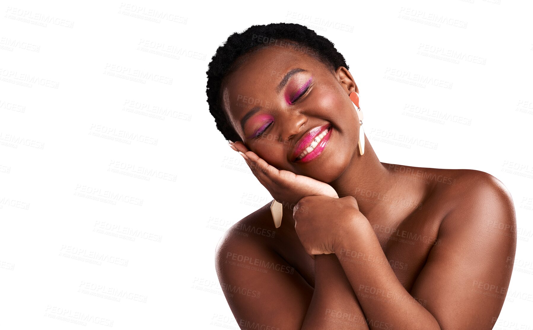 Buy stock photo Beauty, makeup and face of black woman with cosmetics on isolated, png and transparent background. Cosmetology, luxury salon and happy female person smile with pink eyeshadow, lipstick and glamour