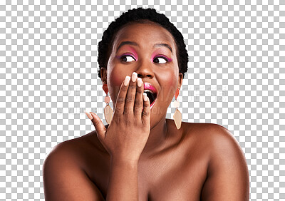 Buy stock photo Wow, makeup or shocked black woman with beauty announcement on isolated on transparent png background. Facial skincare, sale or face of surprised girl with pink eyeshadow, promo news or discount deal