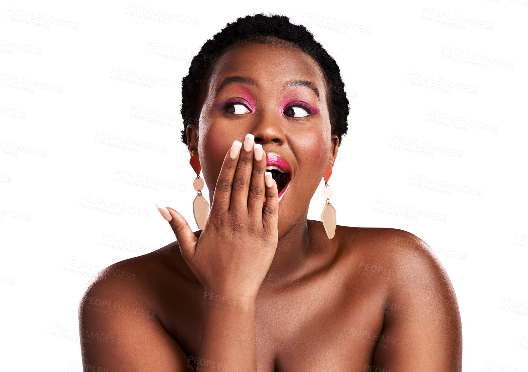 Buy stock photo Wow, makeup or shocked black woman with beauty announcement on isolated on transparent png background. Facial skincare, sale or face of surprised girl with pink eyeshadow, promo news or discount deal