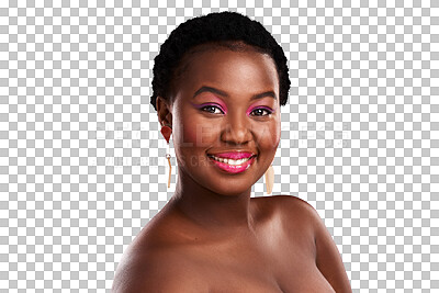 Buy stock photo Beauty, makeup and portrait of happy black woman with cosmetics on isolated, png and transparent background. Cosmetology, salon and face of female person with pink eyeshadow, lipstick and glamour