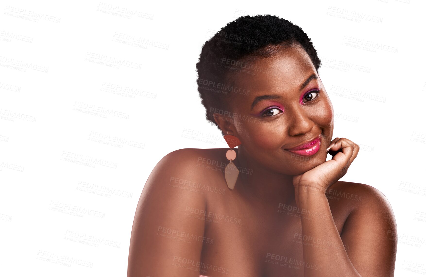 Buy stock photo Happy black woman, portrait and beauty of makeup isolated on a transparent PNG background. Face of African female person or model smile for skincare, luxury glow or facial treatment with cosmetics