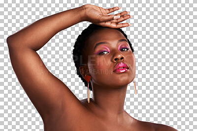 Buy stock photo Beauty, makeup or portrait of black woman with lipstick on isolated on transparent png background. Cosmetology, facial skincare or face of girl with pink eyeshadow, cosmetics or glamour for self love