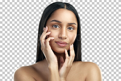 Buy stock photo Face, natural or portrait of girl with beauty or glow on isolated on transparent png background. Wellness, facial skincare or proud beautiful woman with confidence, cosmetics or glamour for self love