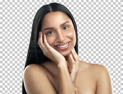 Buy stock photo Natural, smile and portrait of happy woman with beauty smooth skin isolated in a transparent or png background. Care, skincare and young female person with cosmetic smooth, soft and glow skin or face