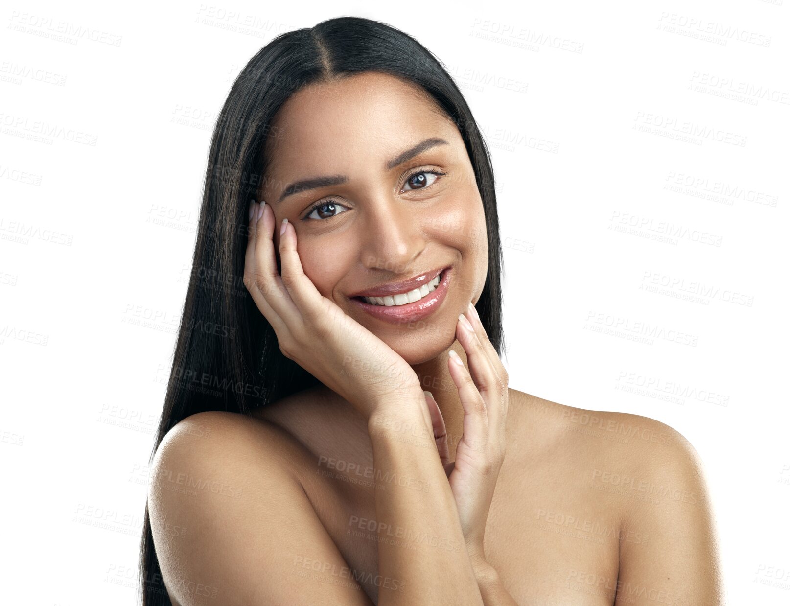 Buy stock photo Natural, smile and portrait of happy woman with beauty smooth skin isolated in a transparent or png background. Care, skincare and young female person with cosmetic smooth, soft and glow skin or face