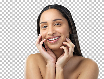 Buy stock photo Natural, smile and portrait of happy woman with skincare smooth skin isolated in transparent or png background. Care, cosmetics and young female person with cosmetic smooth, face and glow skin