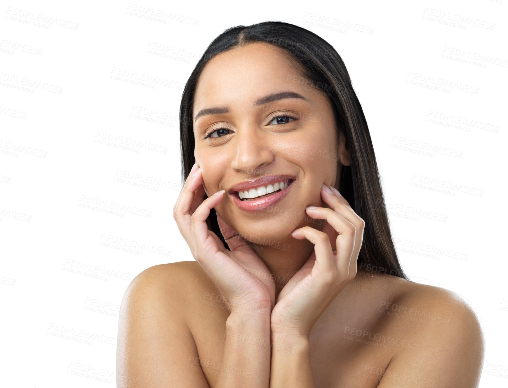 Buy stock photo Natural, smile and portrait of happy woman with skincare smooth skin isolated in transparent or png background. Care, cosmetics and young female person with cosmetic smooth, face and glow skin