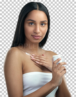 Buy stock photo Skincare, cream and portrait of woman with container on isolated, png and transparent background. Dermatology, beauty and female person with jar for body lotion, creme and moisturizer for wellness