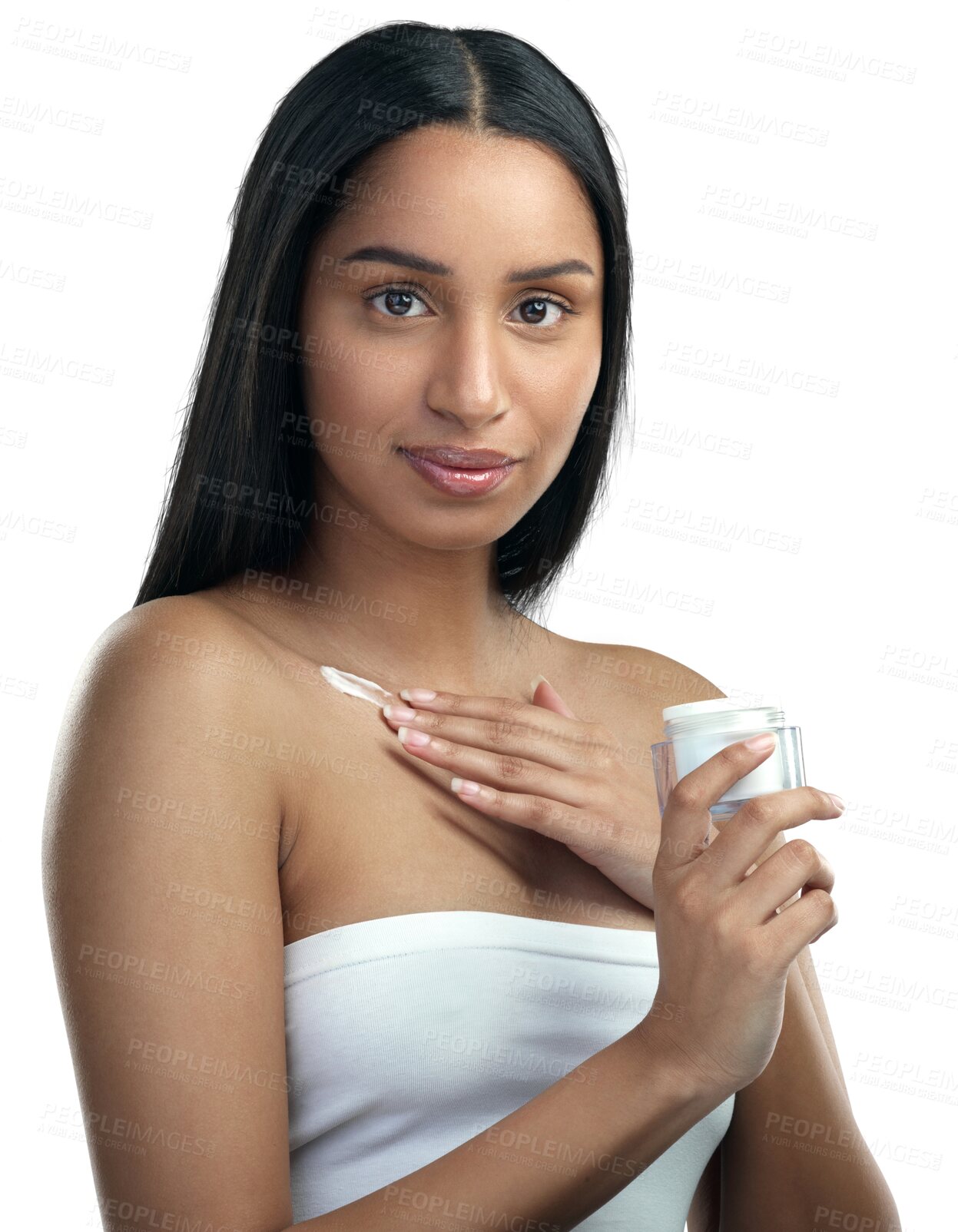 Buy stock photo Skincare, cream and portrait of woman with container on isolated, png and transparent background. Dermatology, beauty and female person with jar for body lotion, creme and moisturizer for wellness