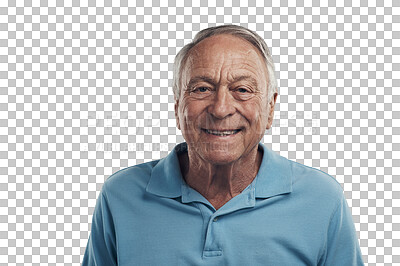 Buy stock photo Senior man, face and portrait smile in retirement standing isolated on a transparent PNG background. Happy elderly, mature male person or model smiling in happiness for retire, pension or old age