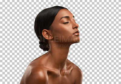 Buy stock photo Skincare, Indian woman and face with natural beauty, cosmetics or makeup for skin to glow on transparent, isolated or png background. Salon, spa or girl with facial treatment and dermatology care