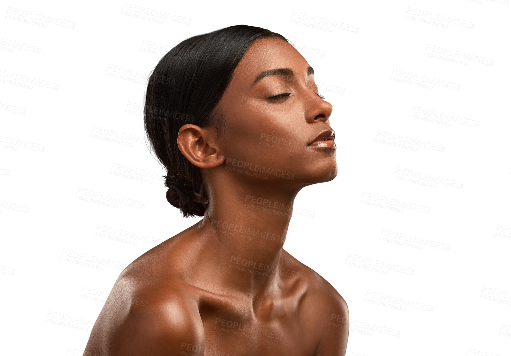 Buy stock photo Skincare, Indian woman and face with natural beauty, cosmetics or makeup for skin to glow on transparent, isolated or png background. Salon, spa or girl with facial treatment and dermatology care