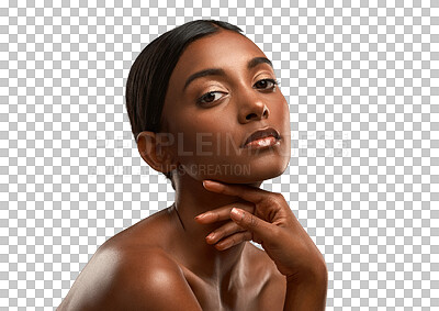 Buy stock photo Portrait, skincare and Indian woman with makeup, cosmetics and dermatology for natural skin glow on isolated, transparent or png background. Girl, beauty and hands on face with confidence in care