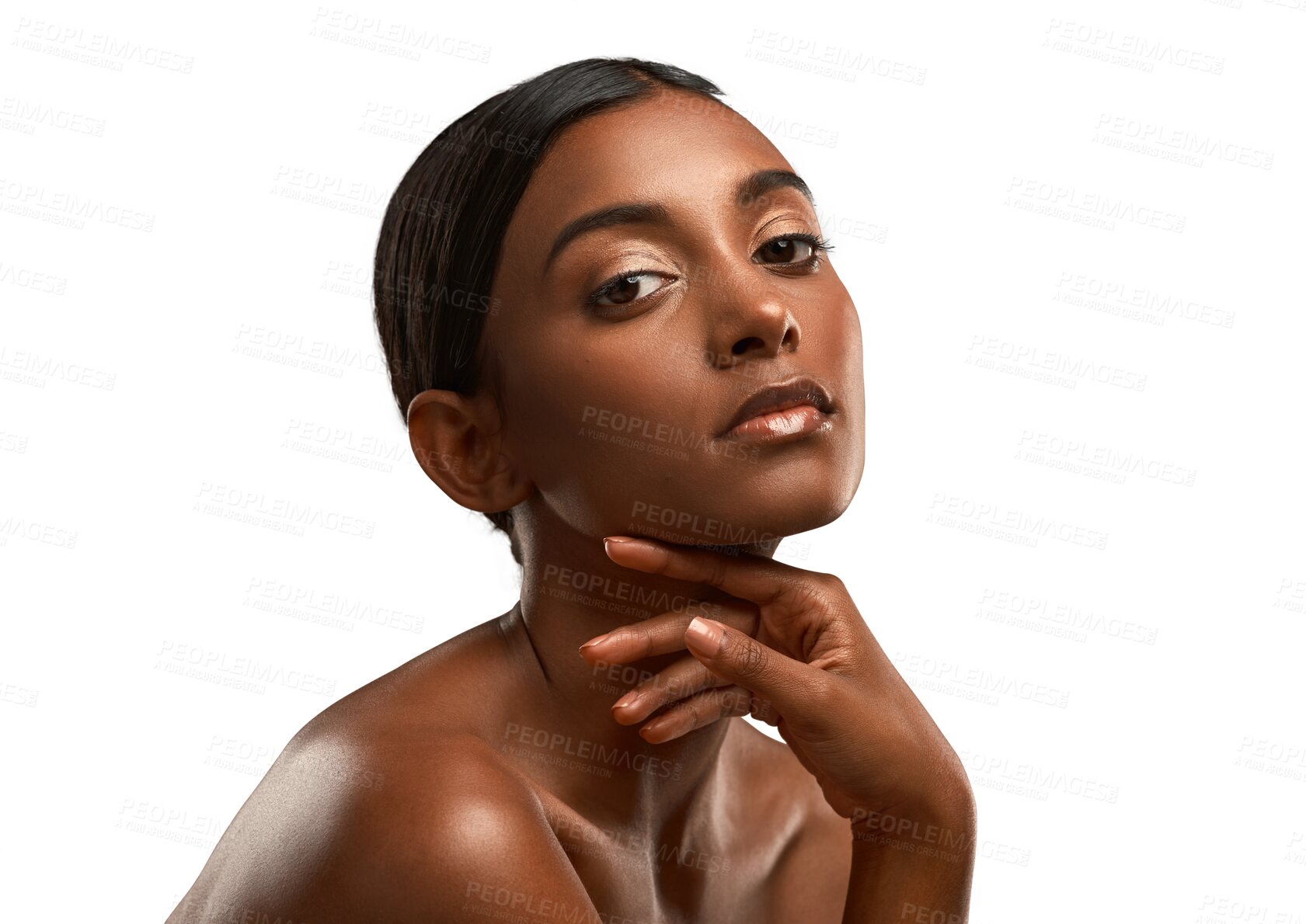 Buy stock photo Portrait, skincare and Indian woman with makeup, cosmetics and dermatology for natural skin glow on isolated, transparent or png background. Girl, beauty and hands on face with confidence in care