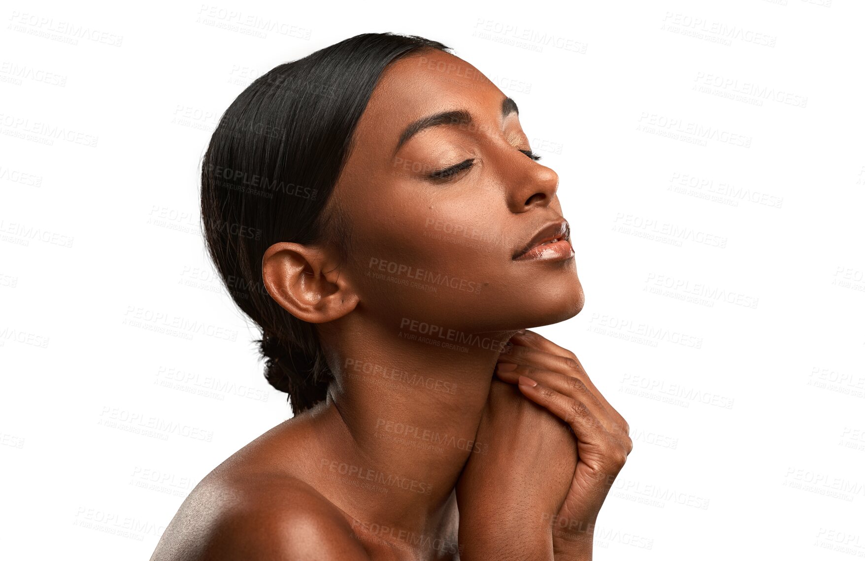 Buy stock photo Face, skincare and Indian woman with makeup, cosmetics and dermatology for natural skin, glow or wellness on isolated, transparent or png background. Girl, beauty and facial care at aesthetic salon 