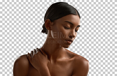 Buy stock photo Skincare, dermatology and Indian woman with cosmetics and girl isolated in a transparent background. Natural glow, female person and model for beauty, grooming and luxury with spa treatment or png