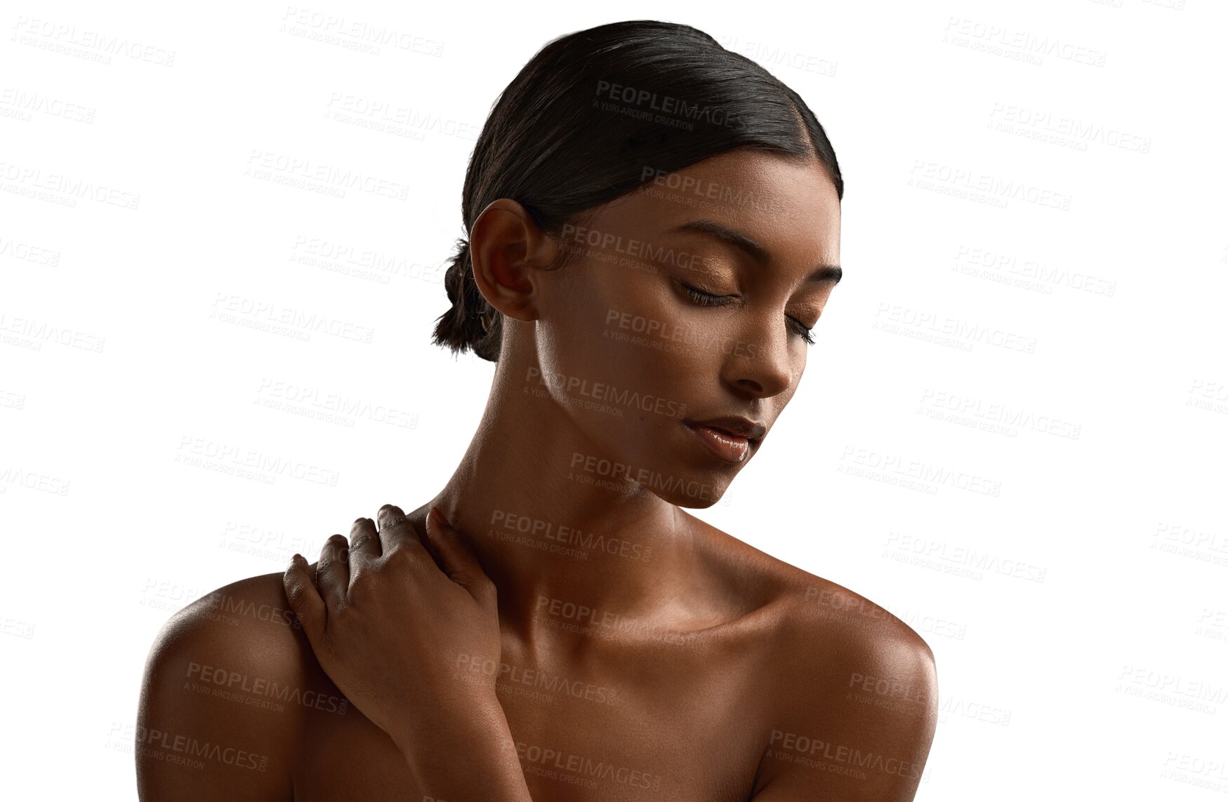 Buy stock photo Skincare, dermatology and Indian woman with cosmetics and girl isolated in a transparent background. Natural glow, female person and model for beauty, grooming and luxury with spa treatment or png