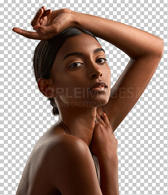 Buy stock photo Skincare, portrait and Indian woman with makeup, cosmetics and dermatology for natural skin glow on isolated, transparent or png background. Girl, beauty and hands on face with confidence in care