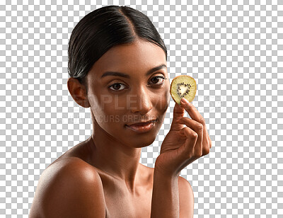 Buy stock photo Skincare, beauty and portrait of woman with kiwi, fruit or natural and healthy cosmetics for skin, care and wellness on transparent, isolated or png background. Indian, girl and organic facial