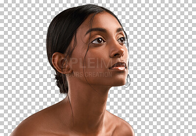 Buy stock photo Indian woman, face and skincare for beauty, cosmetics or makeup for skin to glow on transparent, isolated or png background. Salon, spa or girl with luxury facial treatment and dermatology care