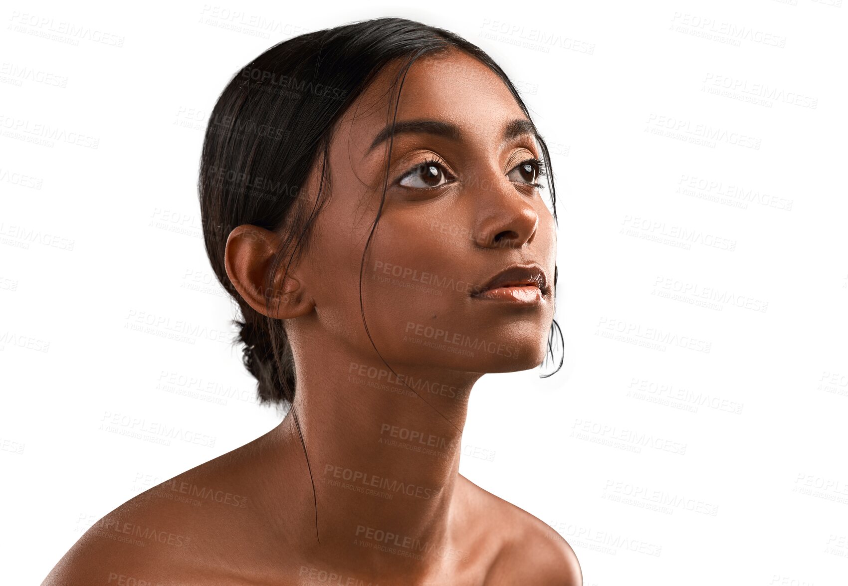 Buy stock photo Indian woman, face and skincare for beauty, cosmetics or makeup for skin to glow on transparent, isolated or png background. Salon, spa or girl with luxury facial treatment and dermatology care