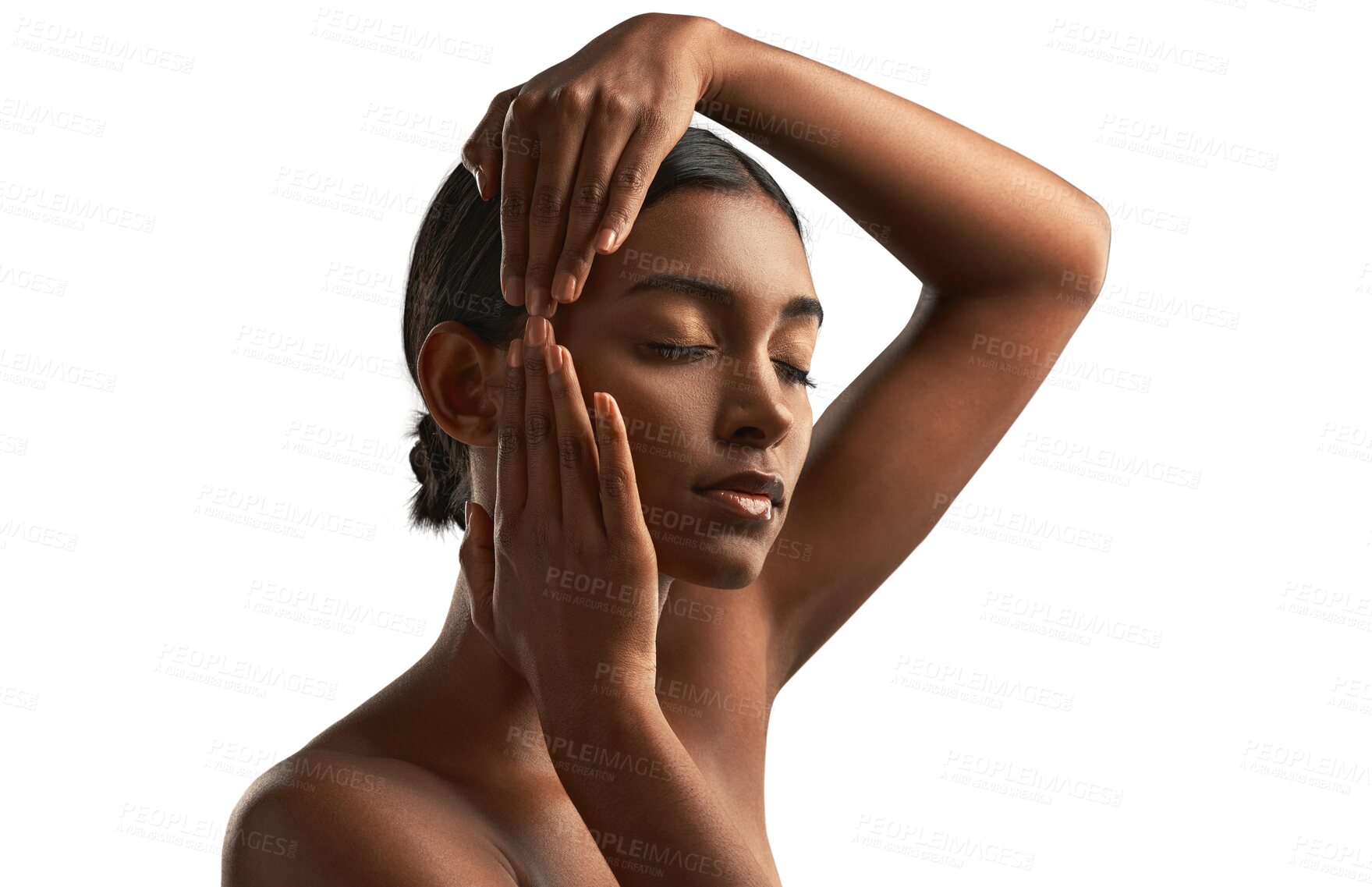 Buy stock photo Skincare, natural and woman touch her face for beauty, health and wellness cosmetic treatment. Sensual, hygiene and young female model with dermatology routine isolated by transparent png background.