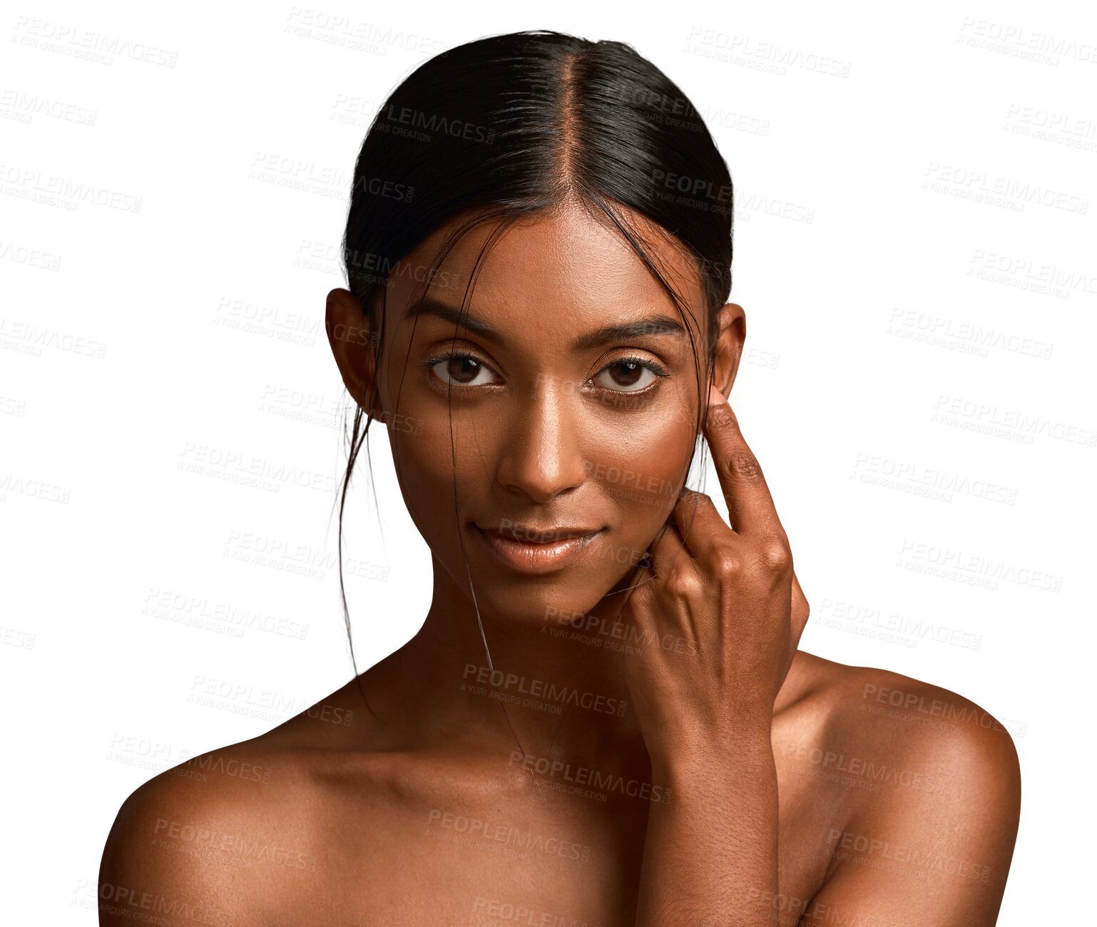 Buy stock photo Beauty, portrait and Indian woman with cosmetics, makeup and skin care for a glow on transparent, isolated or png background. Cosmetic, face and person with hands for skincare, dermatology or salon