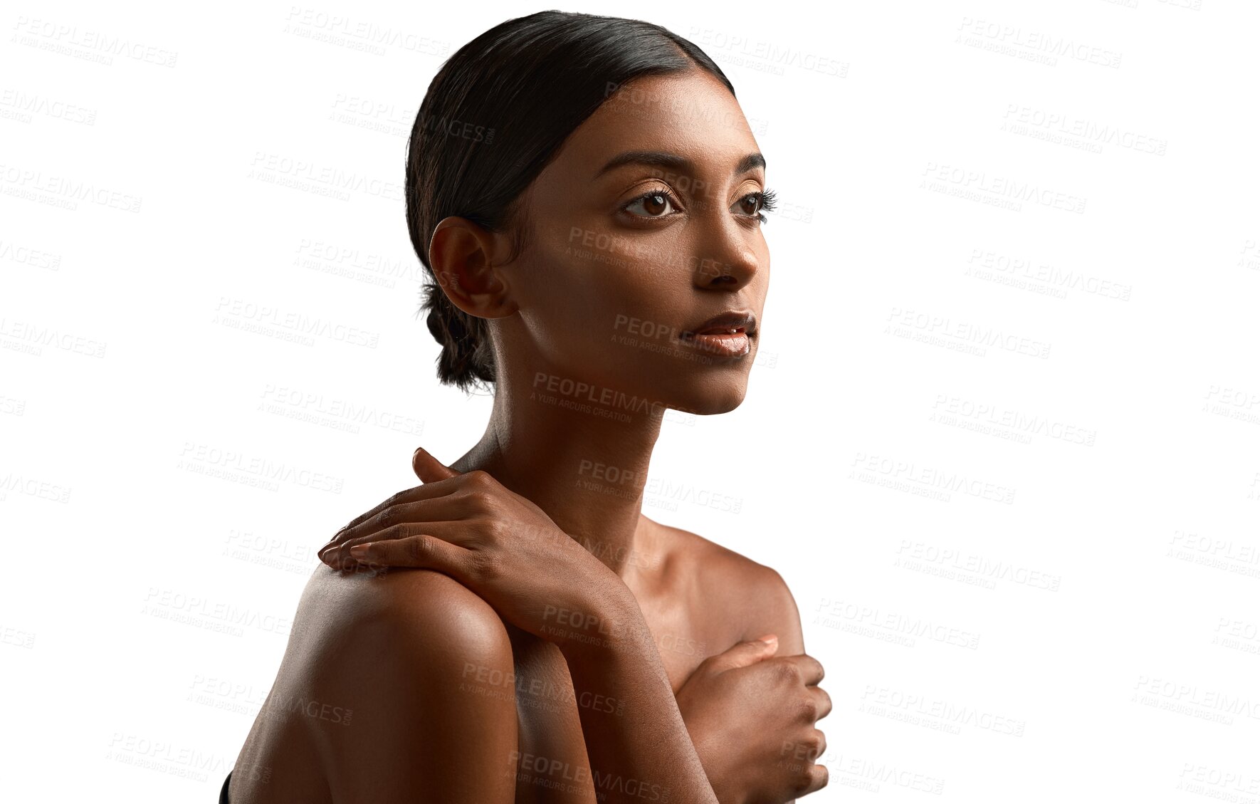 Buy stock photo Beauty, Indian woman and face of skincare, dermatology or natural skin glow from cosmetics on transparent, isolated or png background. Wellness, care and girl with healthy facial treatment