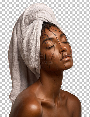 Buy stock photo Towel, skincare and Indian woman with beauty, cleaning and girl isolated against a transparent background. Female person, model or lady with head wrapped, washing or dermatology with cosmetics or png