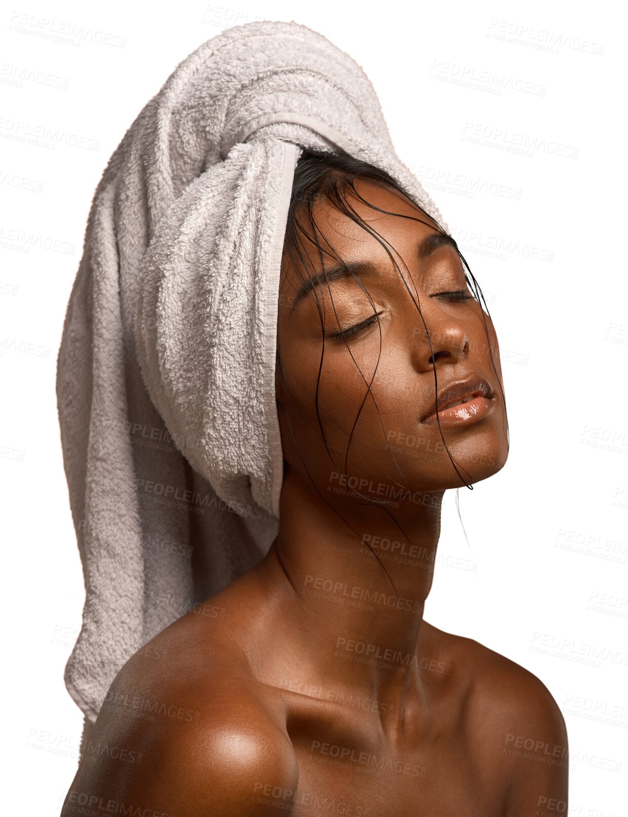 Buy stock photo Towel, skincare and Indian woman with beauty, cleaning and girl isolated against a transparent background. Female person, model or lady with head wrapped, washing or dermatology with cosmetics or png