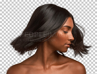 Buy stock photo Hair, care and Indian woman with beauty, salon or haircare cosmetics in spa treatment for wellness on transparent, isolated or png background. Face, person and clean, natural or healthy hairstyle