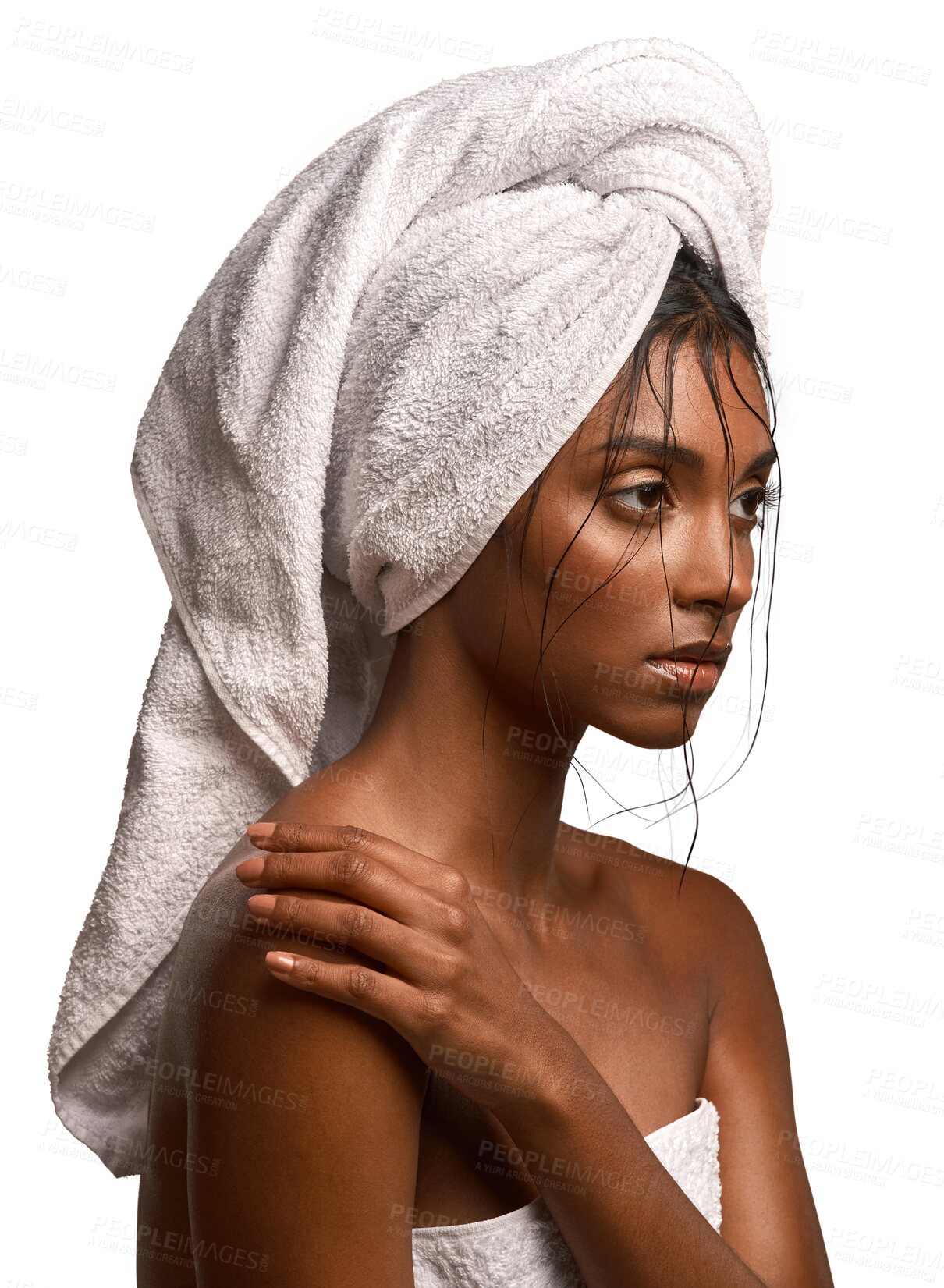 Buy stock photo Shower, cleaning and face of Indian woman with towel on isolated, png and transparent background. Beauty salon, skincare and female person with spa wellness for washing hair, hygiene and grooming