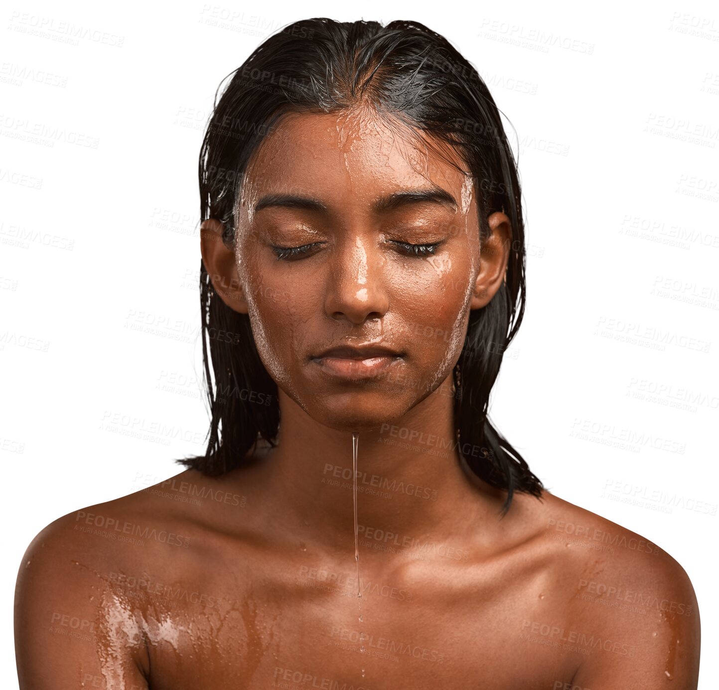 Buy stock photo Woman, face and water for hygiene, shower or skincare isolated on a transparent PNG background. Female person washing, rinsing or cleaning body for facial treatment, spa or cleanse for skin hydration