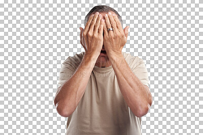 Buy stock photo Scared, covering eyes and man with hands on face on isolated, PNG and transparent background. Anxiety, fear and shy male person with blind hand gesture for mistake, problem and nervous expression