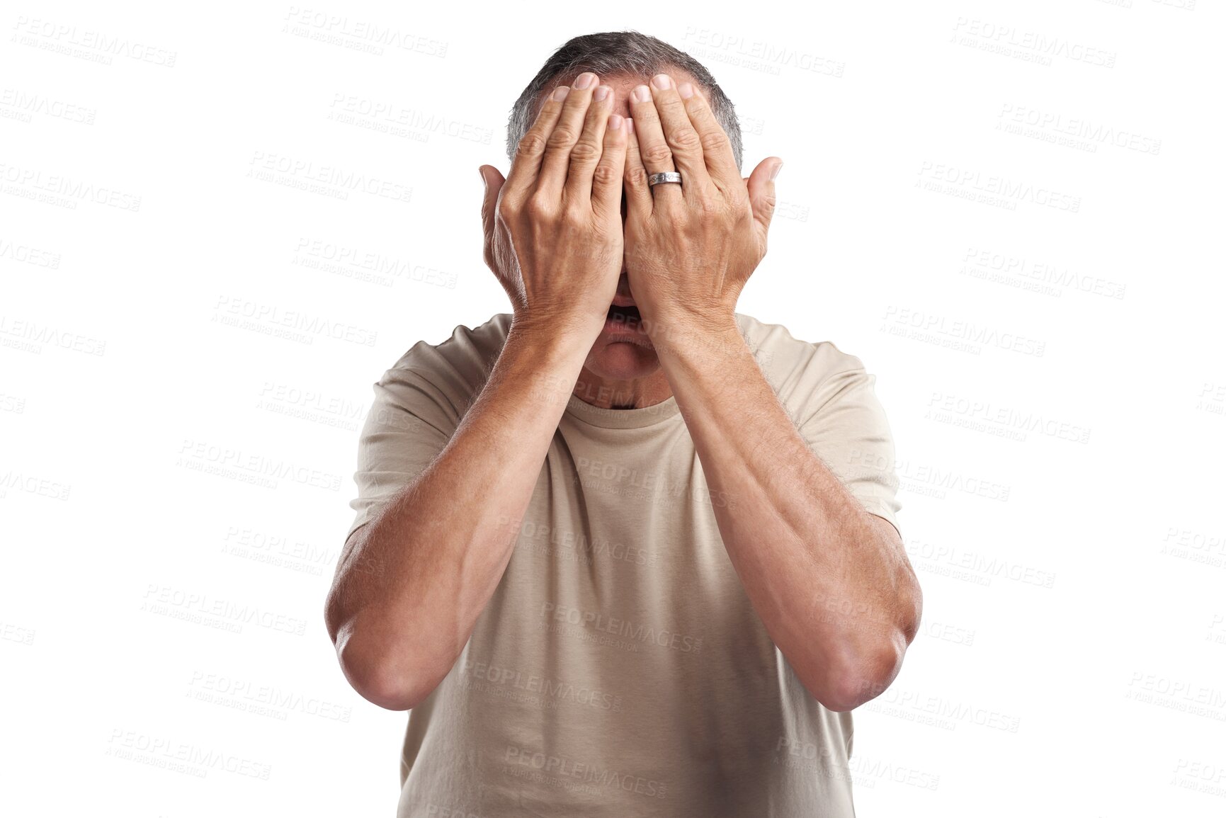 Buy stock photo Scared, covering eyes and man with hands on face on isolated, PNG and transparent background. Anxiety, fear and shy male person with blind hand gesture for mistake, problem and nervous expression