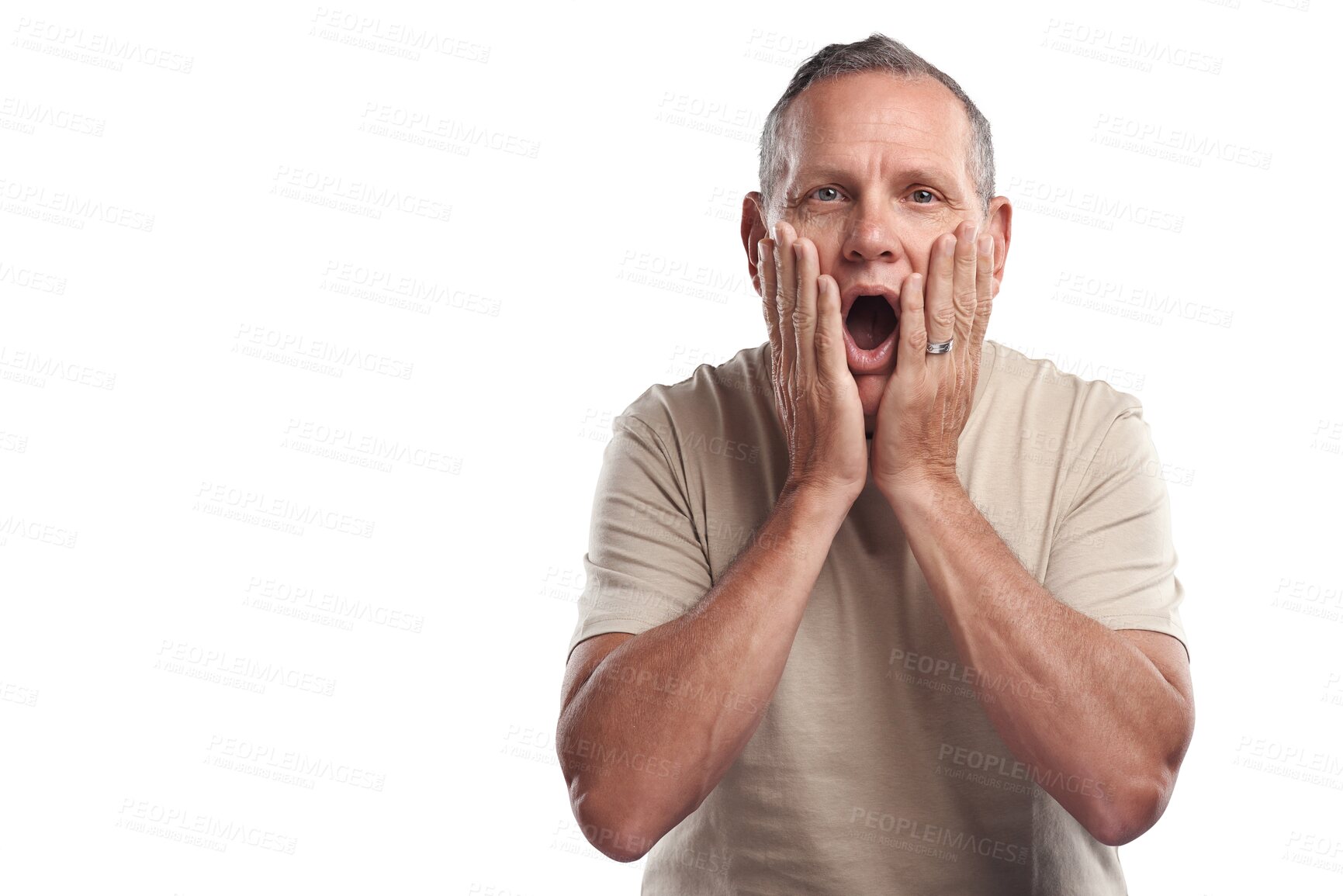 Buy stock photo Shock, surprise and portrait of man with hands on face isolated on transparent png background. Announcement, wow and surprised mature person with shocked expression, unexpected news or notification.