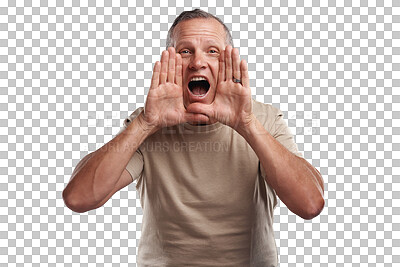 Buy stock photo Voice, portrait and senior man shouting for attention, announcement or loud expression. Energy, emotion and mature male person screaming with confidence isolated by a transparent png background.